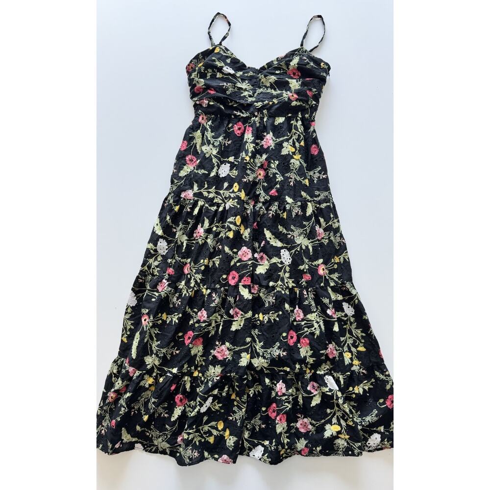 Zara Black Floral Eyelet Midi Dress Women’s Size Small Cotton Lined Preloved